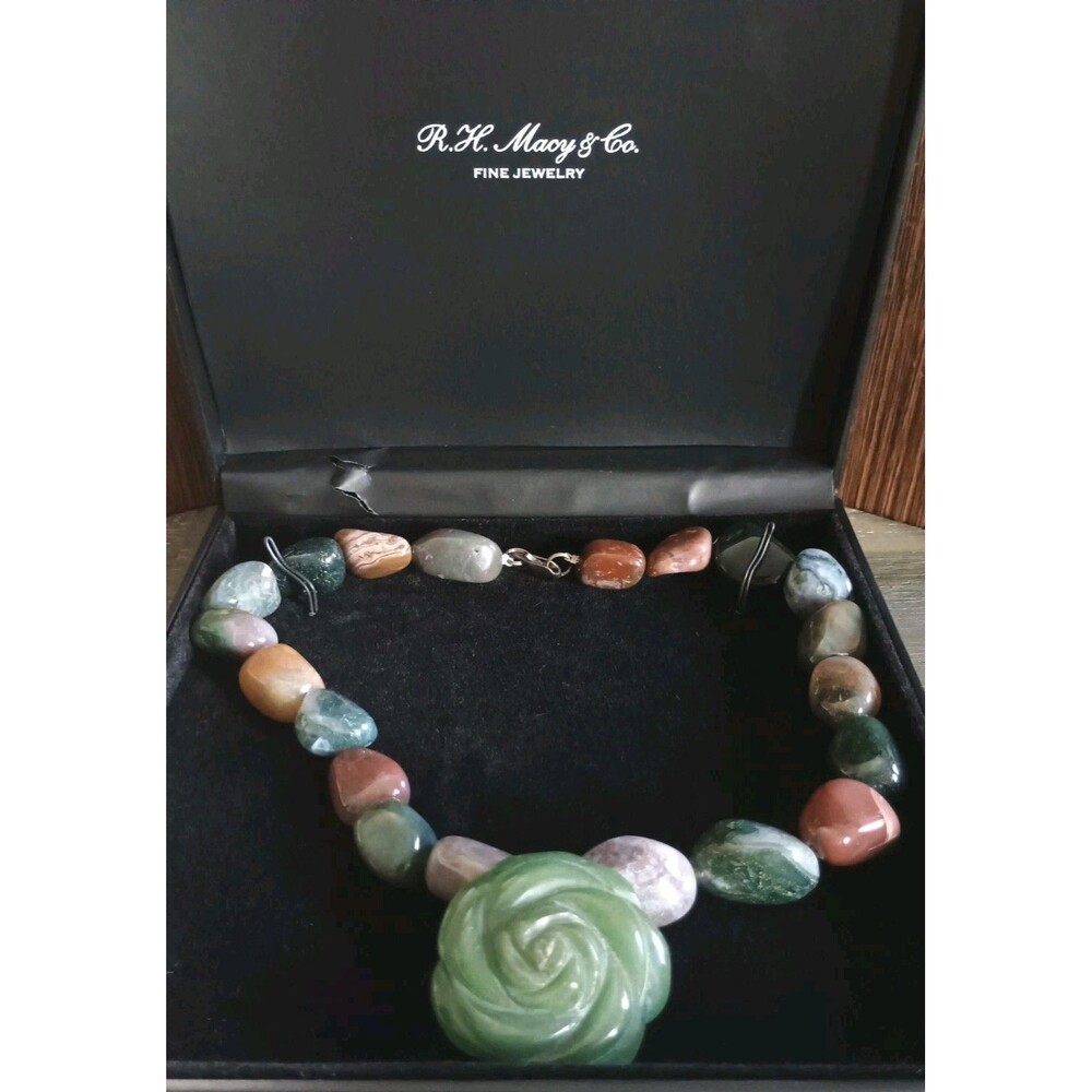 Jade Flower Jasper Beaded Sterling Clasp Vintage Necklace Tested